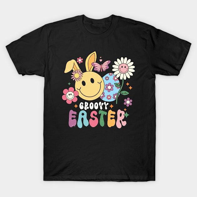 Retro Groovy Bunny Smile Happy Easter Day Hippie Trendy T-Shirt by BuzzTeeStore